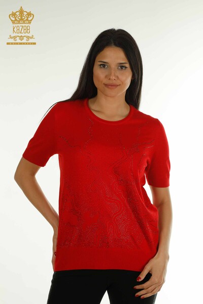 Pull en tricot pour femmes en gros pierre brodée rouge - 30659 | KAZEE 