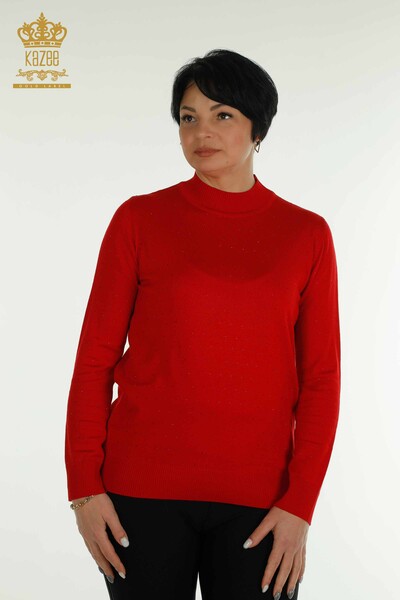 Pull en tricot pour femmes en gros rouge avec broderie de pierre - 30677 | KAZEE - Thumbnail