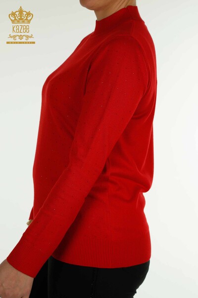 Pull en tricot pour femmes en gros rouge avec broderie de pierre - 30677 | KAZEE - Thumbnail