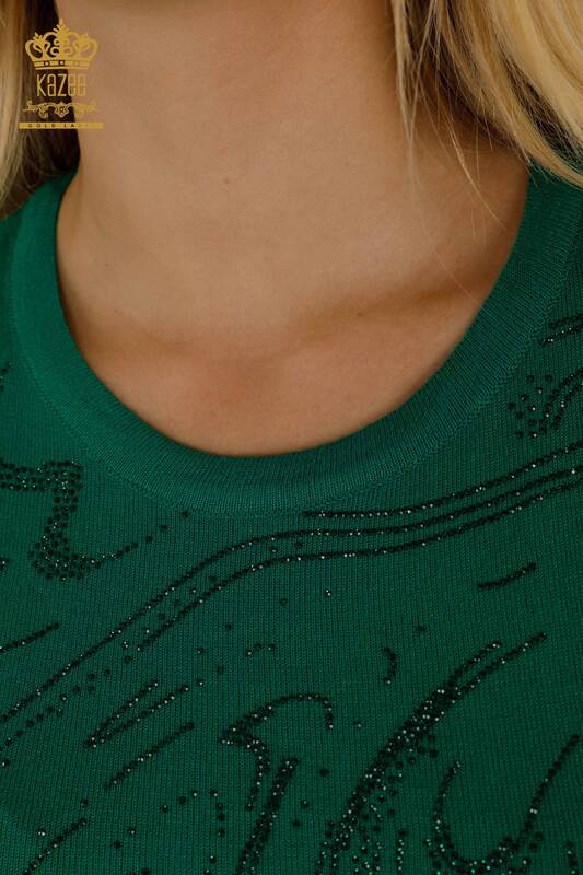 Pull en tricot pour femmes en gros pierre brodée vert - 30594 | KAZEE