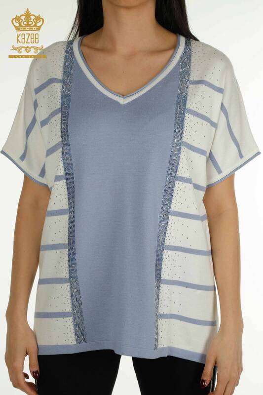 Pull en tricot pour femmes en gros rayé bleu - 30699 | KAZEE