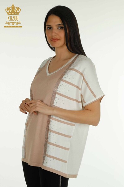 Pull en tricot pour femmes en gros rayé poudre - 30699 | KAZEE - Thumbnail