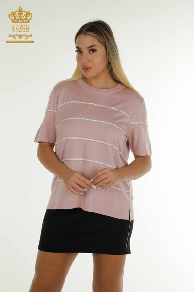 Pull en tricot pour femmes en gros rayé poudre - 30795 | KAZEE - Thumbnail