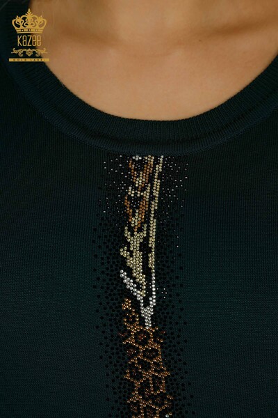Pull en tricot pour femmes en gros à rayures pierre brodée Nefti - 30621 | KAZEE - Thumbnail