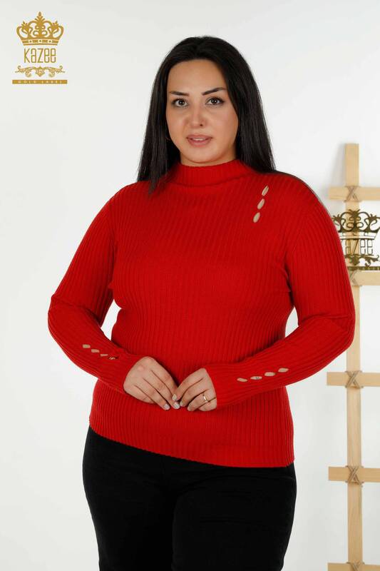 Pull en tricot pour femmes en gros avec détail de trou rouge - 30395 | KAZEE