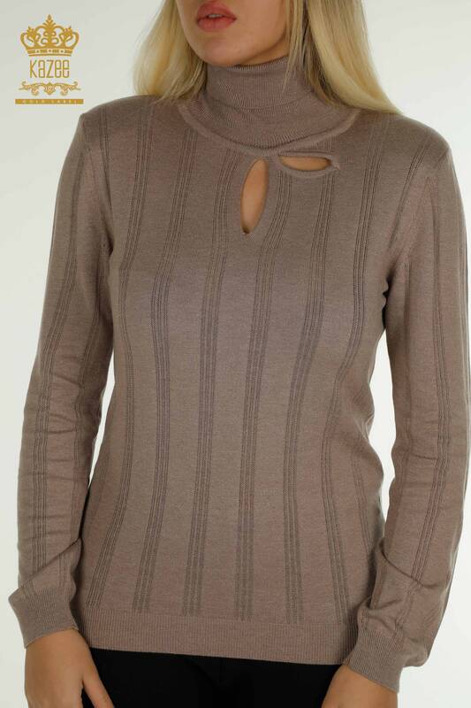 Pull en tricot pour femmes en gros avec trou détail vison - 30781 | KAZEE
