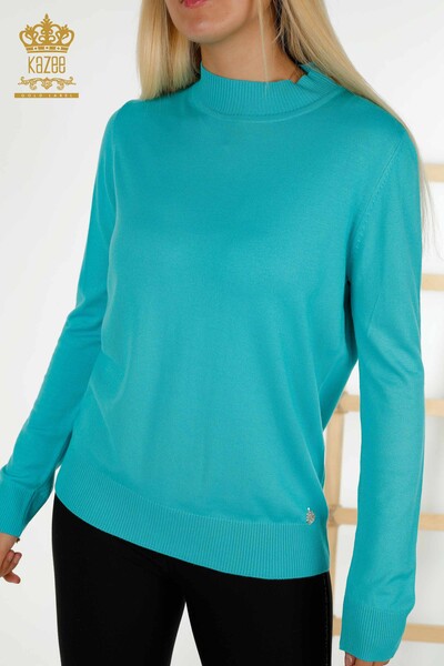 Vente en gros Pull tricot pour femmes - Col montant - Basique - Turquoise - 16663 | KAZÉE - Thumbnail