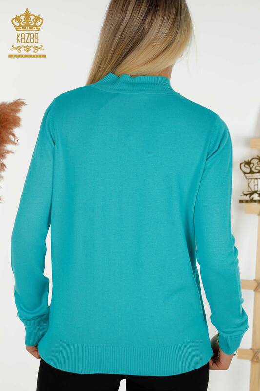 Vente en gros Pull tricot pour femmes - Col montant - Basique - Turquoise - 16663 | KAZÉE