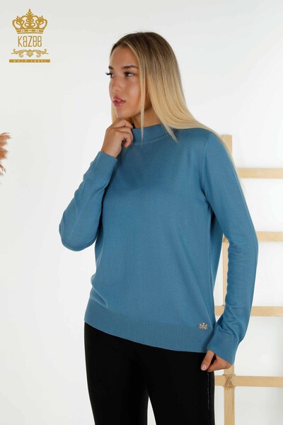 Vente en gros Pull en tricot pour femmes - Col montant - Basique - Indigo - 16663 | KAZÉE - Thumbnail