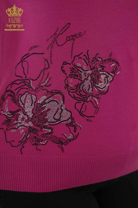 Grossiste Pull Femme - Floral Motif - Fuchsia - 30152 | KAZEE