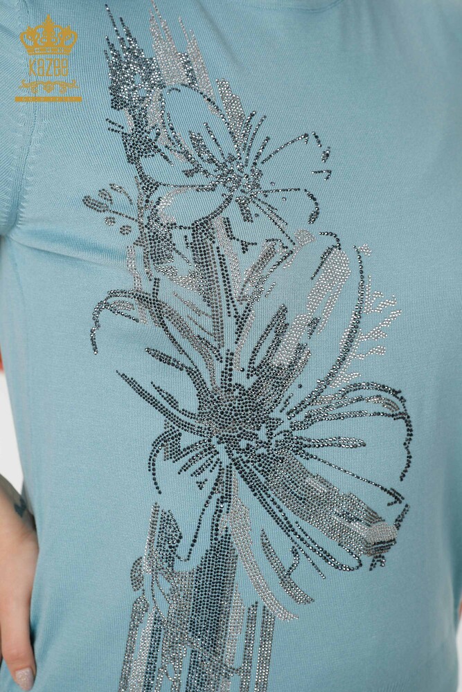 Grossiste Pull en Tricot Femme Pierre Brodée Motif Floral Bleu - 16907 | KAZEE - 3