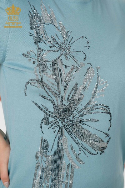 Grossiste Pull en Tricot Femme Pierre Brodée Motif Floral Bleu - 16907 | KAZEE - 3
