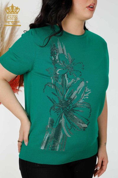 Grossiste Pull en Maille Femme Pierre Brodée Motif Floral Vert - 16907 | KAZEE - 2