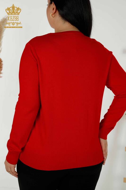Grossiste Pull Femme Tricot Pierre Brodée Rouge - 30156 | KAZEE