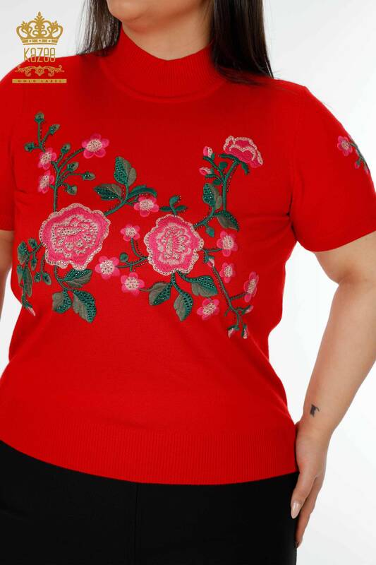 Grossiste Pull en Maille Femme Motif Floral Rouge - 16769 | KAZEE