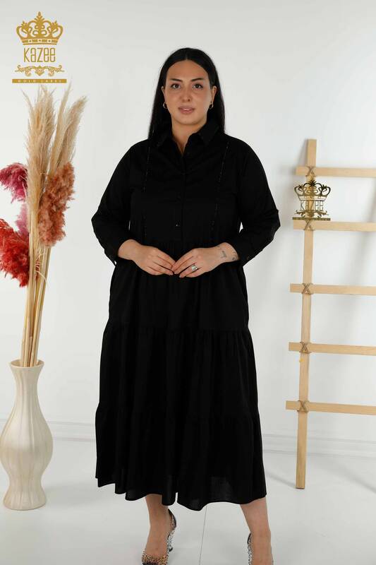 Grossiste Robe Femme - Bouton Détaillé - Noir - 20261 | KAZEE