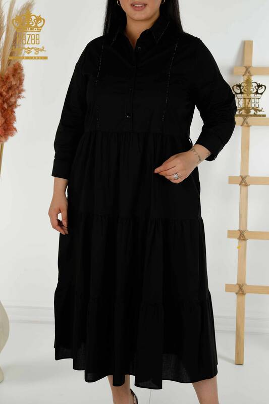 Grossiste Robe Femme - Bouton Détaillé - Noir - 20261 | KAZEE