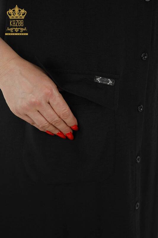 Grossiste Robe Femme - Bouton Détaillé - Noir - 20383 | KAZEE