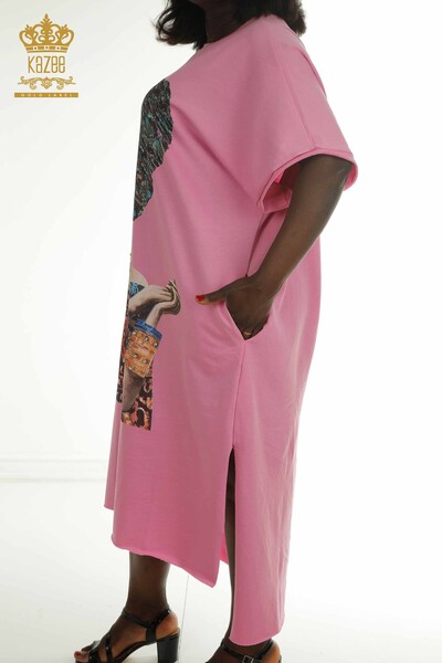 Robe en gros pour femmes avec poche détaillée rose - 2402-231039 | S&M - Thumbnail