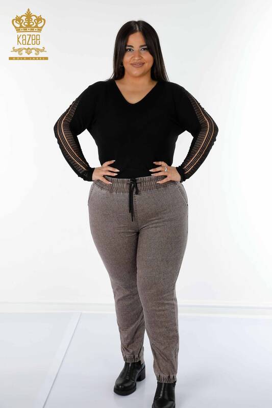 Vente en gros Pantalon taille élastique femme marron avec poche - 3501 | KAZEE