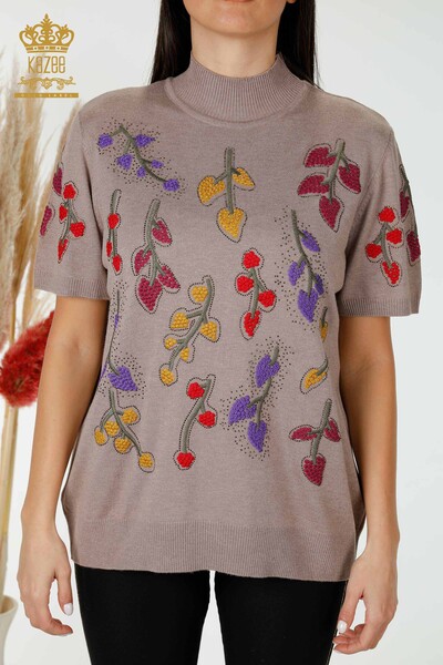 Grossiste Tricot Femme Motif Feuille Vison - 16753 | KAZEE - 2