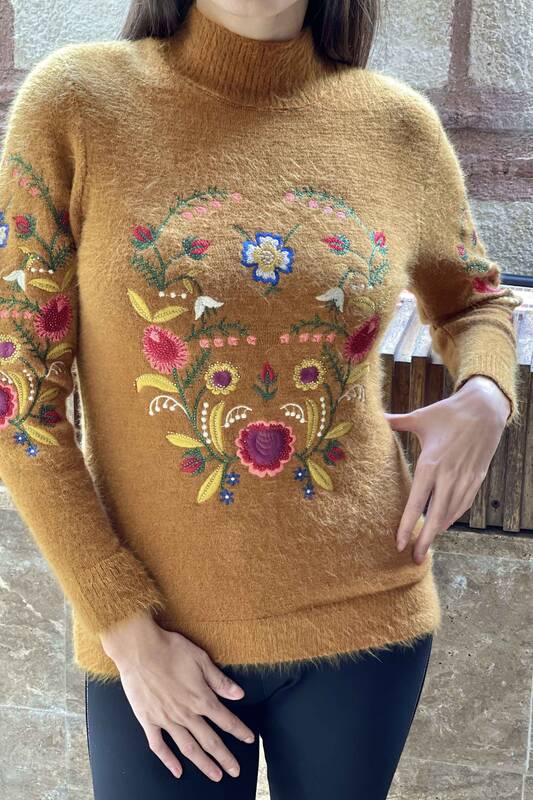 Vente en gros pull en tricot angora floral à col montant pour femmes - 18868 | KAZEE