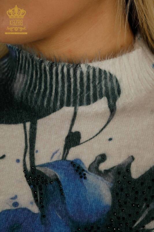 Pull en tricot pour femmes en gros à motifs de fleurs Angora numérique - 40037 | KAZEE