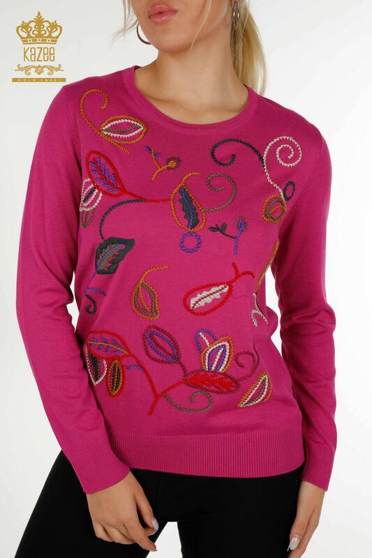 Pull en tricot pour femmes en gros avec motif de broderie Fuchsia - 30652 | KAZEE