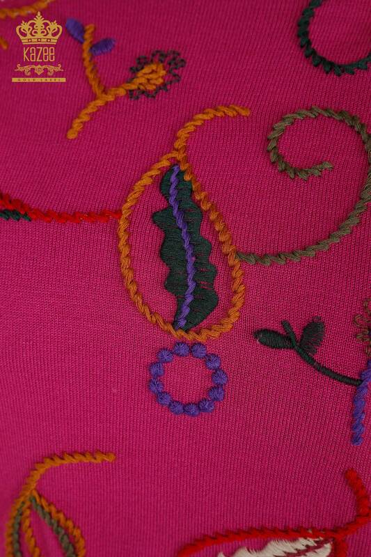 Pull en tricot pour femmes en gros avec motif de broderie Fuchsia - 30652 | KAZEE