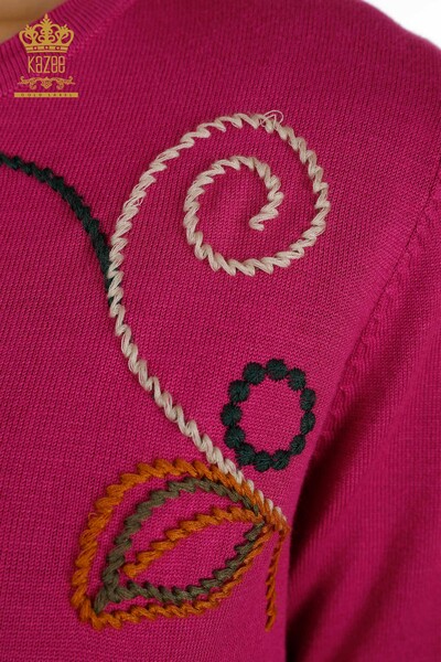 Pull en tricot pour femmes en gros avec motif de broderie Fuchsia - 30652 | KAZEE - Thumbnail