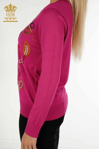 Pull en tricot pour femmes en gros avec motif de broderie Fuchsia - 30652 | KAZEE - Thumbnail