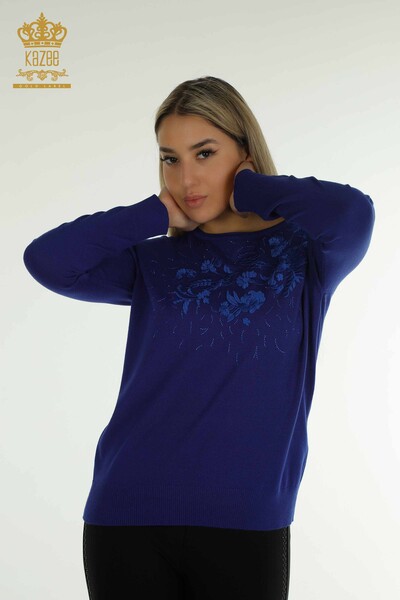 Pull en tricot pour femmes en gros Saks brodé de fleurs - 16849 | KAZEE - Thumbnail