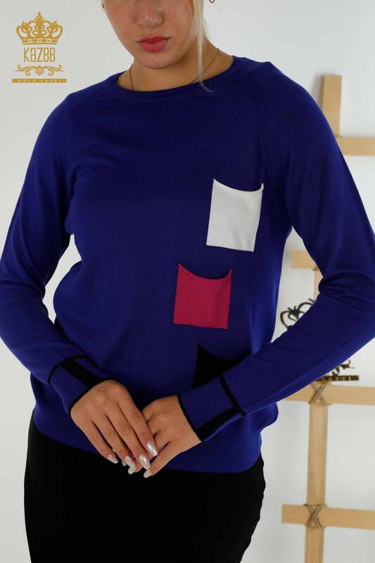 Pull en tricot pour femmes en gros avec poche colorée Saks - 30108 | KAZÉE
