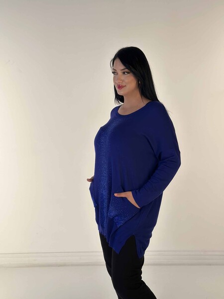 Gros femmes tricots pull pierre de cristal poche brodée détaillée Saks - 30602 | KAZÉE - 3