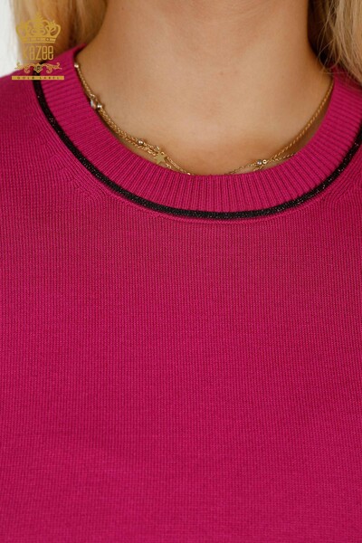 Tricots pour femmes en gros pull épaule brodée fuchsia - 30498 | KAZEE - Thumbnail