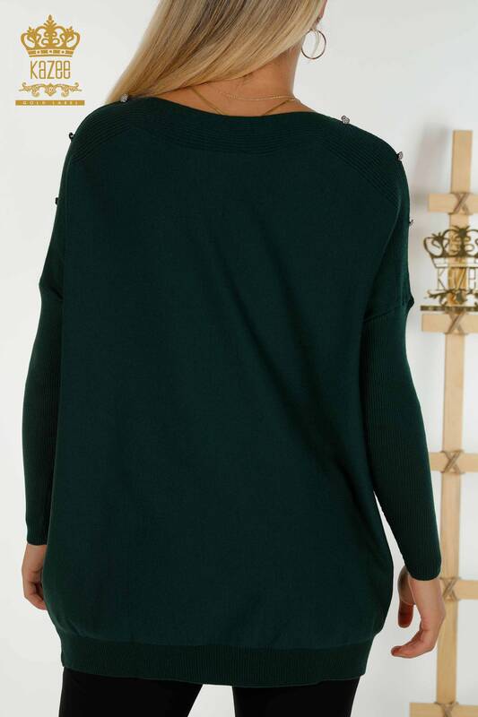Pull en tricot pour femmes en gros avec épaule détaillée vert foncé - 30192 | KAZEE