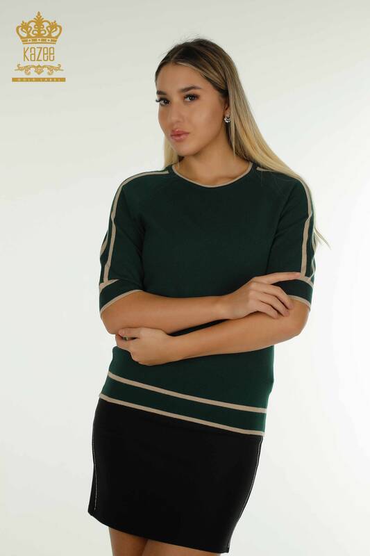 Pull Tricot Femme Grossiste Modèle Américain Vert Foncé - 30790 | KAZEE