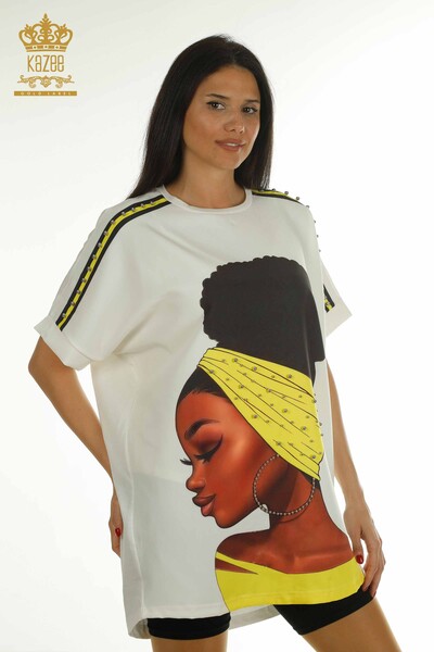 Tunique à manches courtes pour femmes en gros jaune - 2402-231021 | S&M - Thumbnail