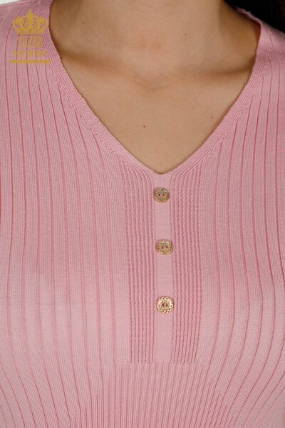 Grossiste Pull en Tricot pour Femme - Bouton Détaillé - Rose - 30043 | KAZEE - Thumbnail