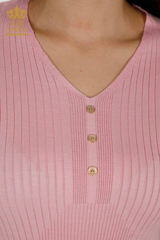 Grossiste Pull en Tricot pour Femme - Bouton Détaillé - Rose - 30043 | KAZEE