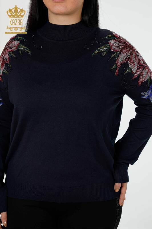 Grossiste Pull en Tricot pour Femme Épaule Floral Détaillé Marine - 30007 | KAZEE