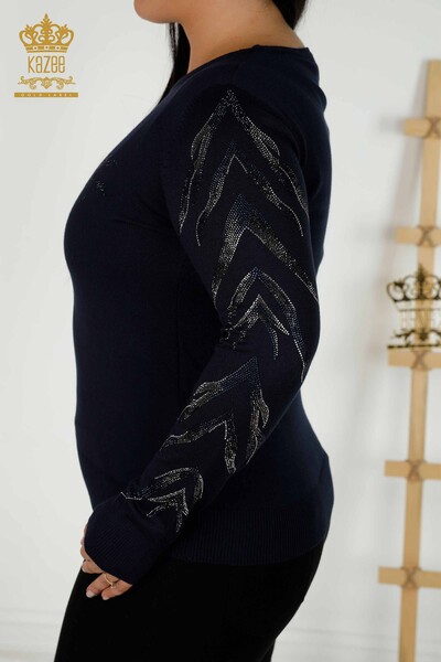 Grossiste Pull en Tricot Femme - Manches Détaillées - Bleu Marine - 30030 | KAZEE - Thumbnail