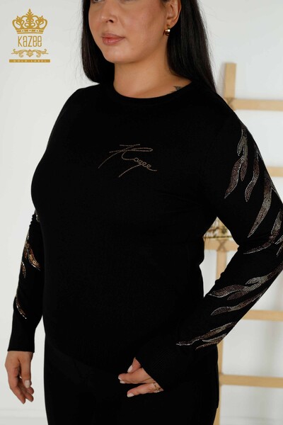Grossiste Pull en Tricot pour Femme - Manches Détaillées - Noir - 30030 | KAZEE - Thumbnail