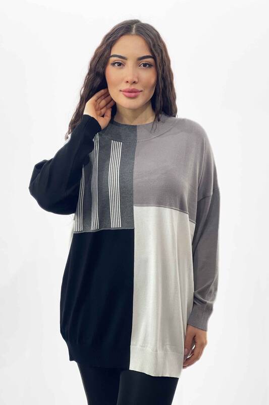 Vente en gros de tricots rayés à motifs col montant pour femmes - 16101 | KAZEE