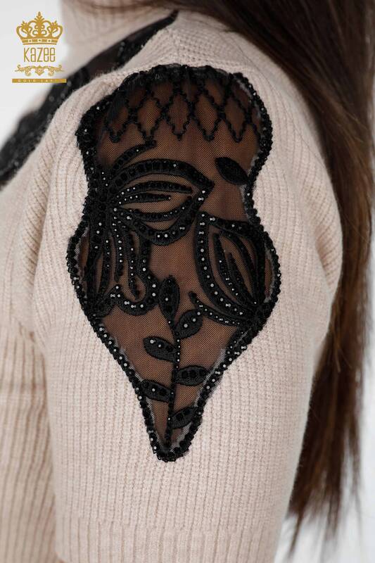 Vente en gros de pull en maille pour femmes à manches courtes en tulle avec détails en pierre - 19086 | KAZEE