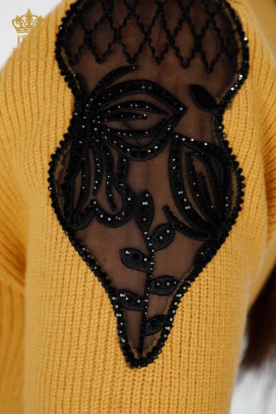 Vente en gros de pull en maille pour femmes à manches courtes en tulle avec détails en pierre - 19086 | KAZEE - Thumbnail