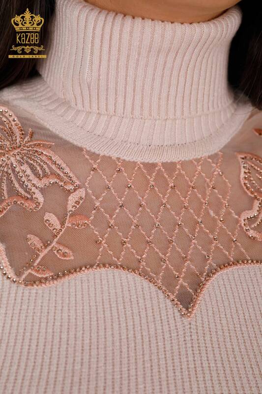 Vente en gros de pull en maille pour femmes à manches courtes en tulle avec détails en pierre - 19086 | KAZEE