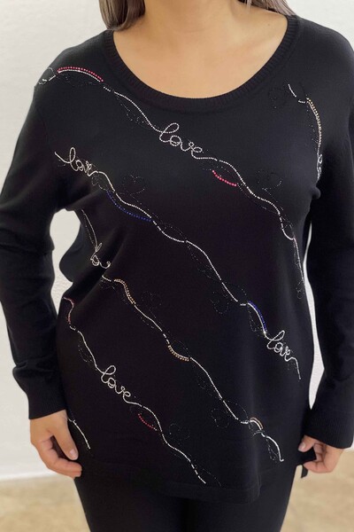 Vente en gros de pull en tricot de pierre brodé écrit à rayures pour femmes - 16467 | KAZEE - Thumbnail