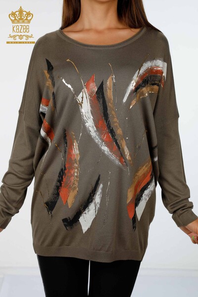 Vente en gros de tricots pour femmes à motif de plumes colorées à col ras du cou - 16592 | KAZEE - Thumbnail