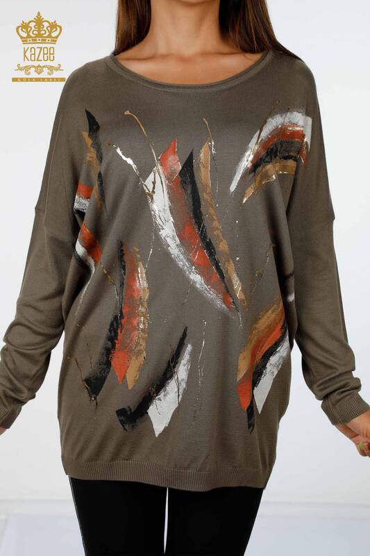 Vente en gros de tricots pour femmes à motif de plumes colorées à col ras du cou - 16592 | KAZEE